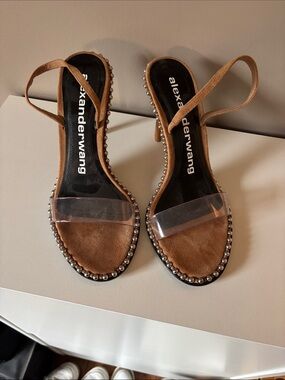 Alexander Wang Brown Suede Slingback Sandals with Clear Toe Strap and Stud Trim